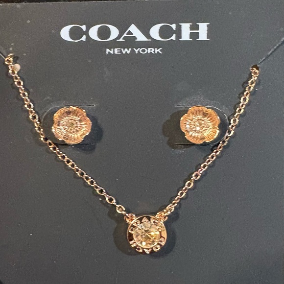Coach Open Circle Rose Gold Necklace with Tea Rose Earrings - Picture 4 of 6